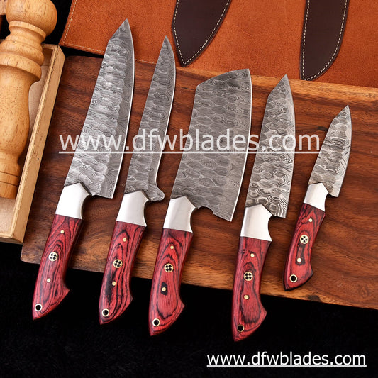 Red handles 5 pcs set- Handmade Damascus Forged steel chef knives set