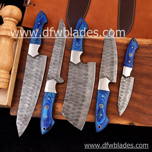 Blue handles 5 pcs set- Handmade Damascus Forged steel chef knives set