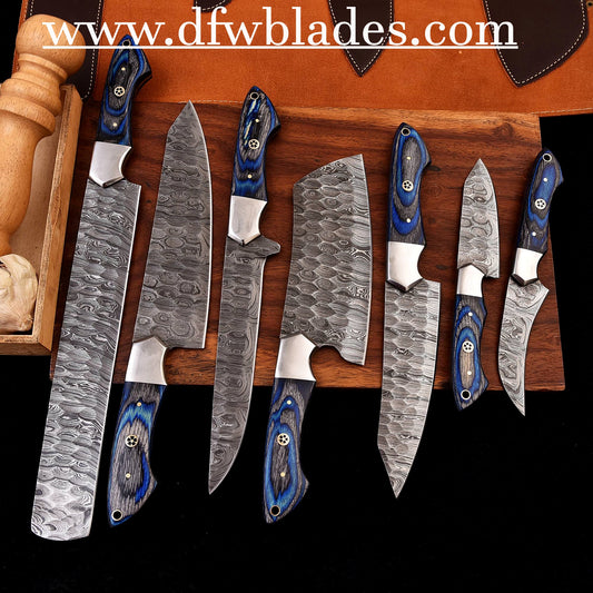 blue 7 pcs -Handmade Damascus Forged steel bbq/kitchen set