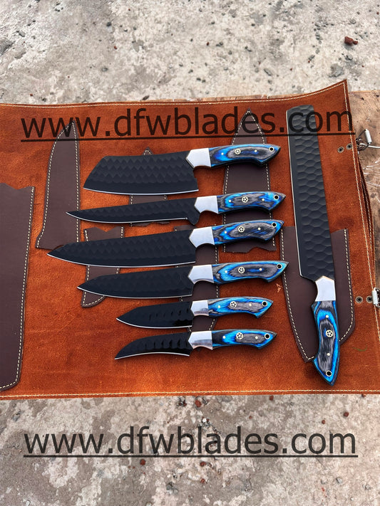 Blue wood handles 7 pcs set- Handmade Forged steel chef knives set